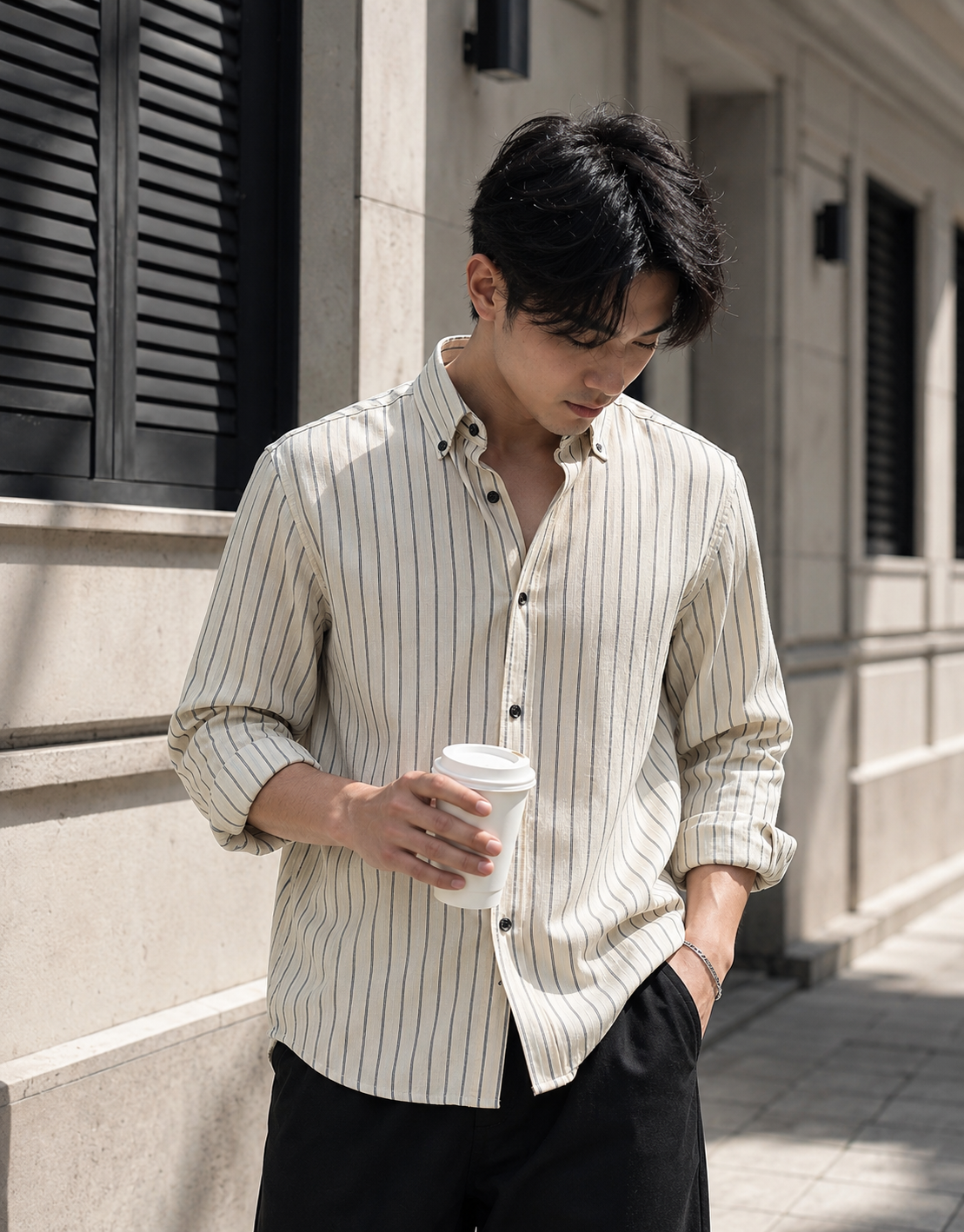 Uni Liur Classic Ivory Mist Stripe Button Down Shirt
