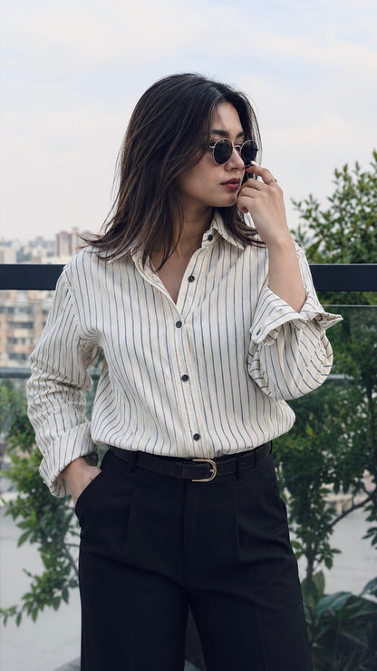 Uni Liur Classic Ivory Mist Stripe Button Down Shirt